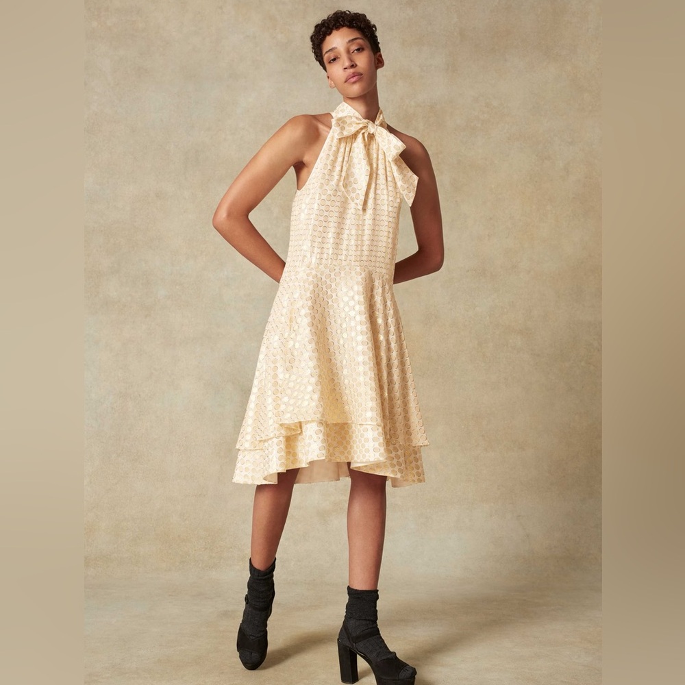 Me+Em Silk Gold Dot Swing Halterneck Dress. Size UK 6/ US 2-4. NWOT